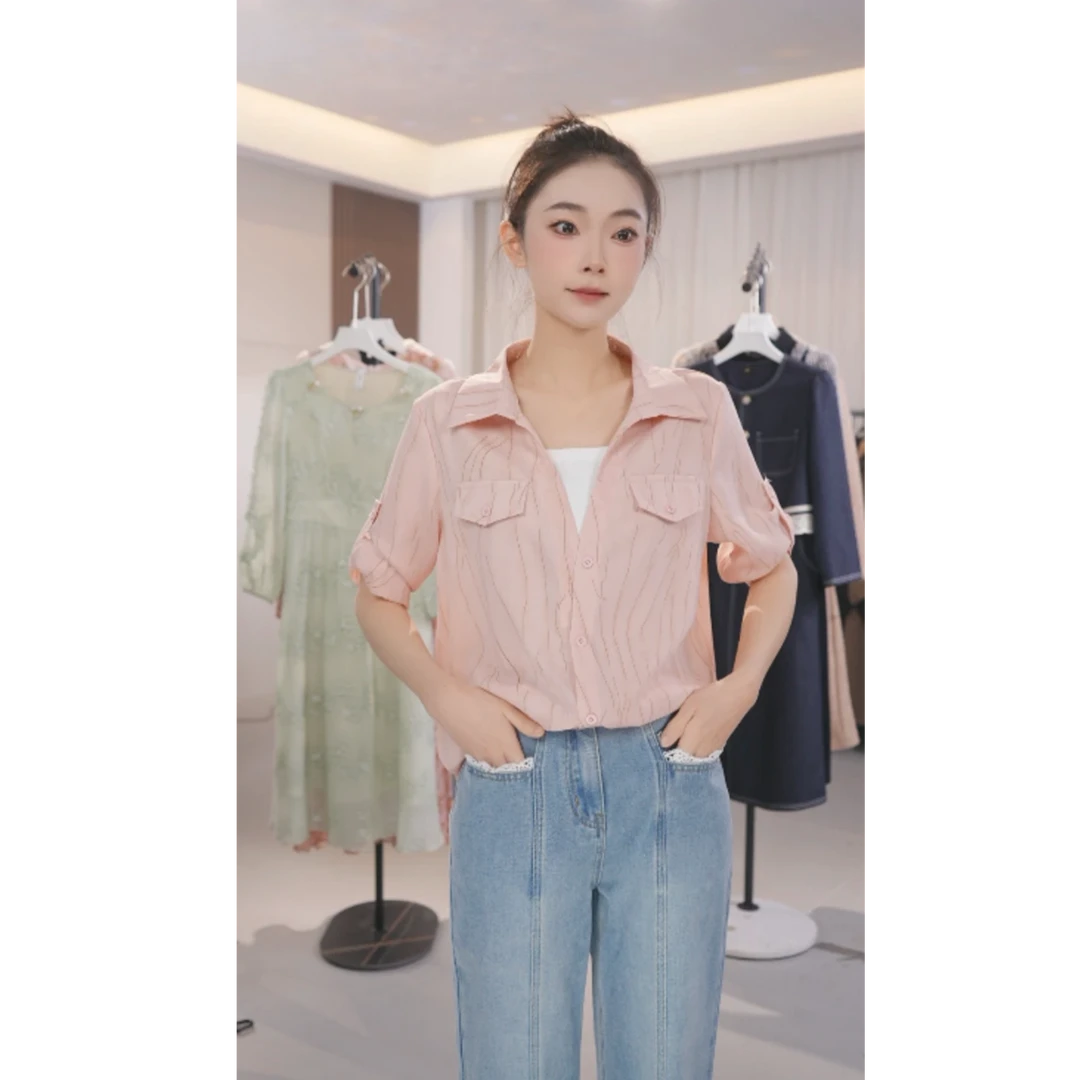 Z8206春夏衬衣女士高端时尚洋气百搭宽松拼接撞色短袖衬衫