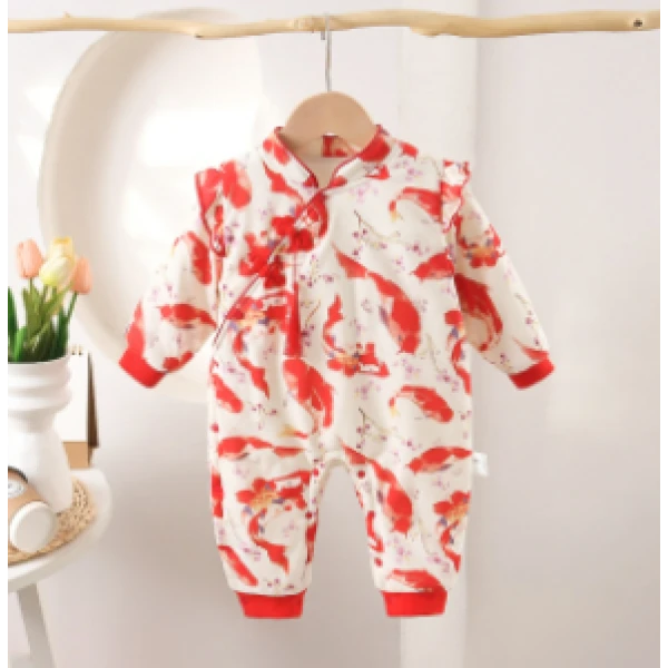 婴幼儿秋冬新款锦鲤偏开棉连体满月宴周岁哈衣公主婴儿中国风爬服