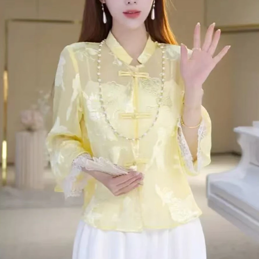 2025款新中式国风开衫提花蕾丝拼接洋气显瘦时尚百搭透气七分袖