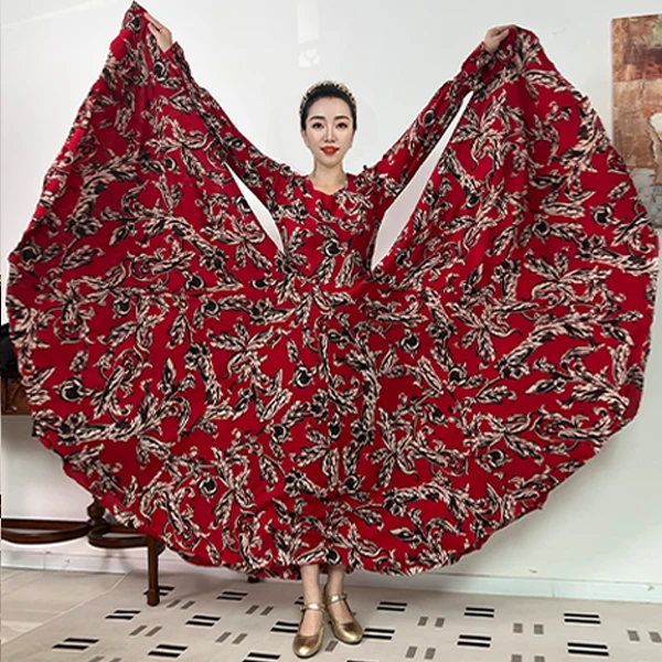 朱颜蔓枝-人丝混纺轻奢印花法式收腰连衣裙/大摆带内衬