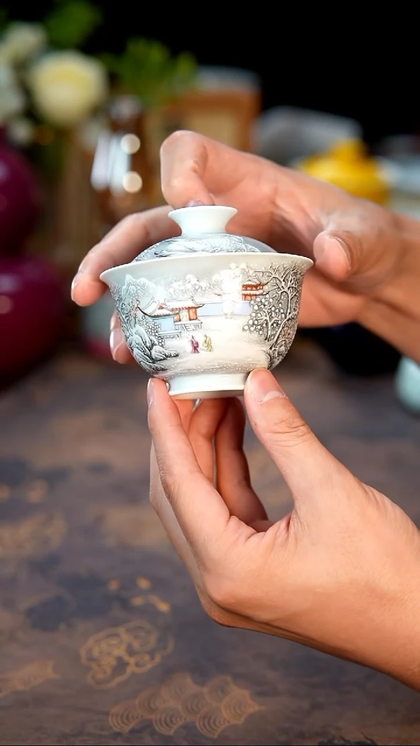 观澹茶器直播专享粉彩雪景两才盖碗