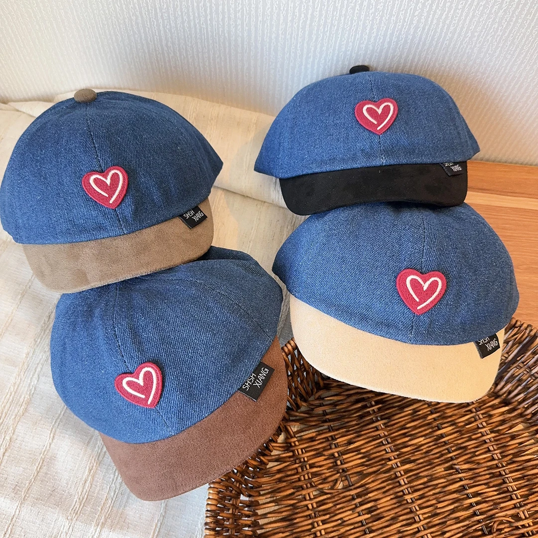 婴儿爱心贴布极简流行水洗牛仔撞色棒球帽男女宝宝小童鸭舌帽春秋