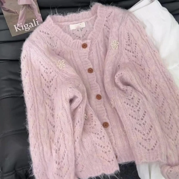 温柔风时髦减龄百搭超好看粉色长袖针织衫秋季宽松显瘦休闲上衣女