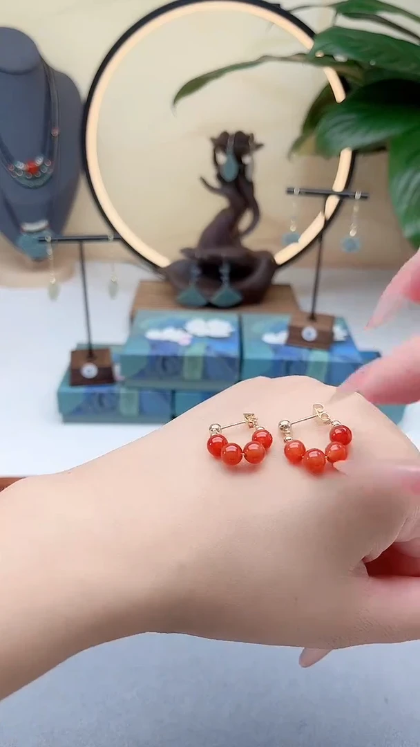 银S925镶嵌耳饰玛瑙/玉髓00红色耳包