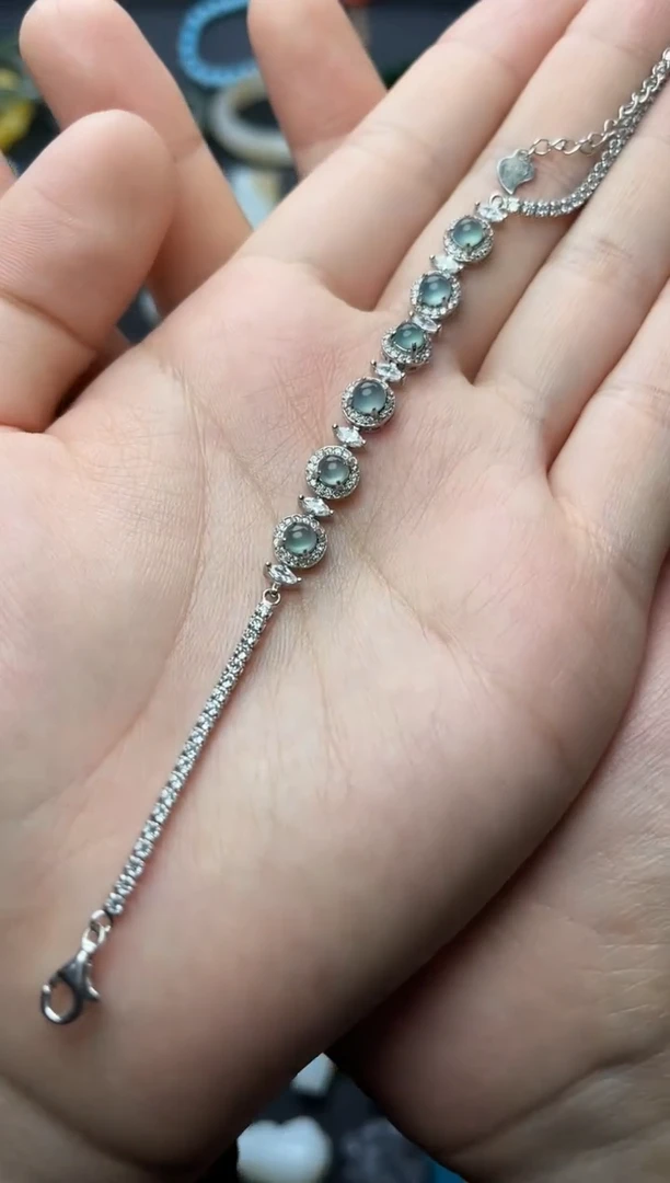 银S925镶嵌手链翡翠晴水蛋面手链06