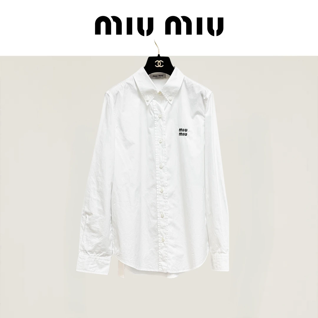 99新 MIU MIU/缪缪 40码字母logo白色长袖衬衫