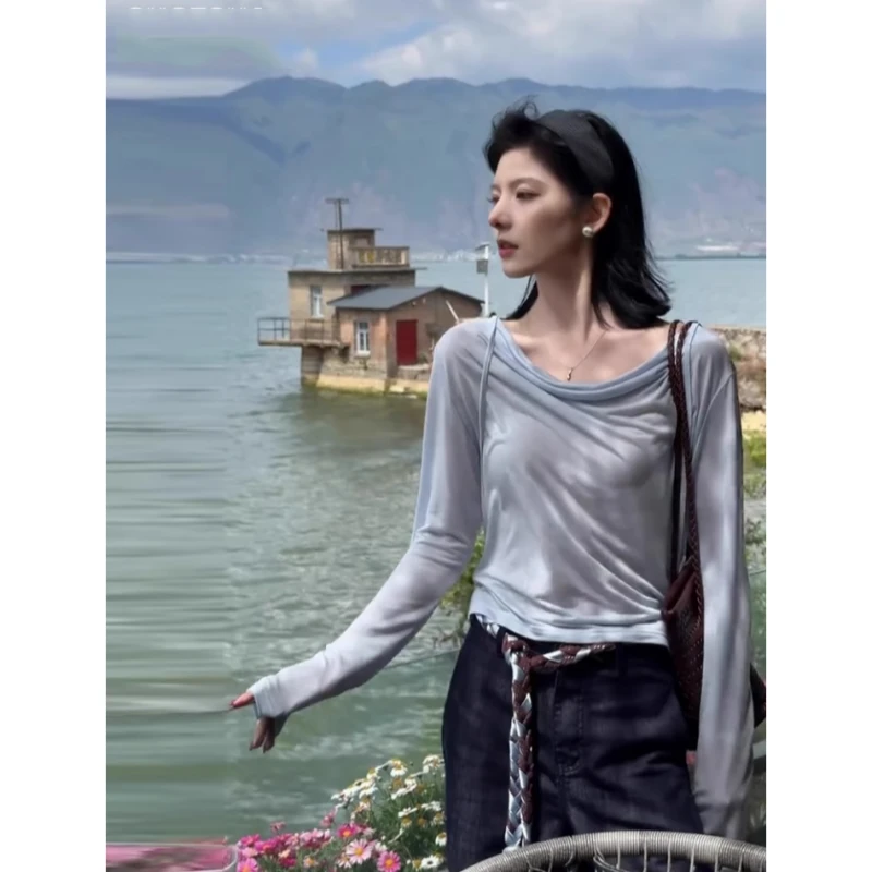 韩系温柔风荡领飘带长袖罩衫女夏季2025新款小众减龄显瘦防晒上衣