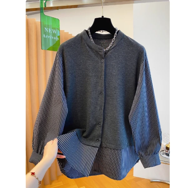 大码高级感拼接假两件衬衫女长袖2025新款宽松别致独特叠穿上衣秋