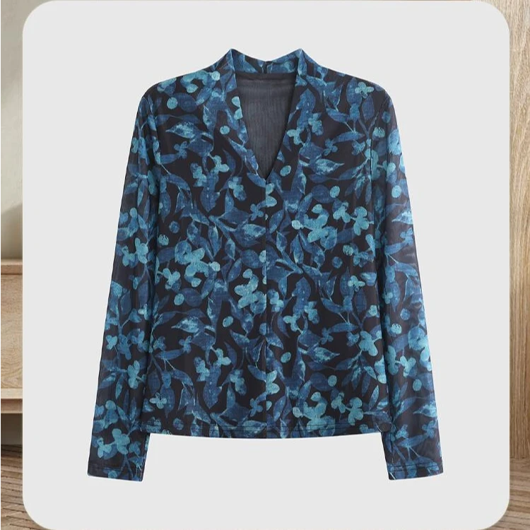 法式复古V领百搭长袖网纱打底衫女6699-257