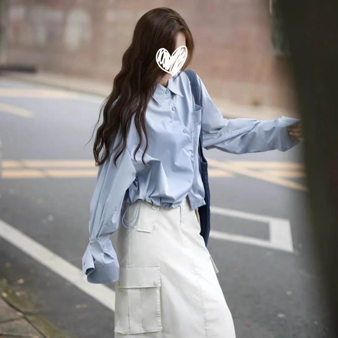 天丝棉宽松衬衫时尚设计感短款衬衣2025春季新款女上衣-8321