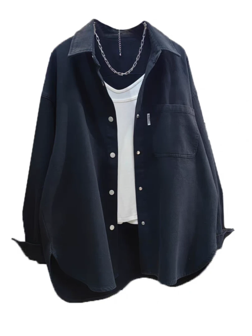 黑色磨毛加厚纯棉衬衫女长袖韩版休闲宽松上衣男友风时尚百搭外套