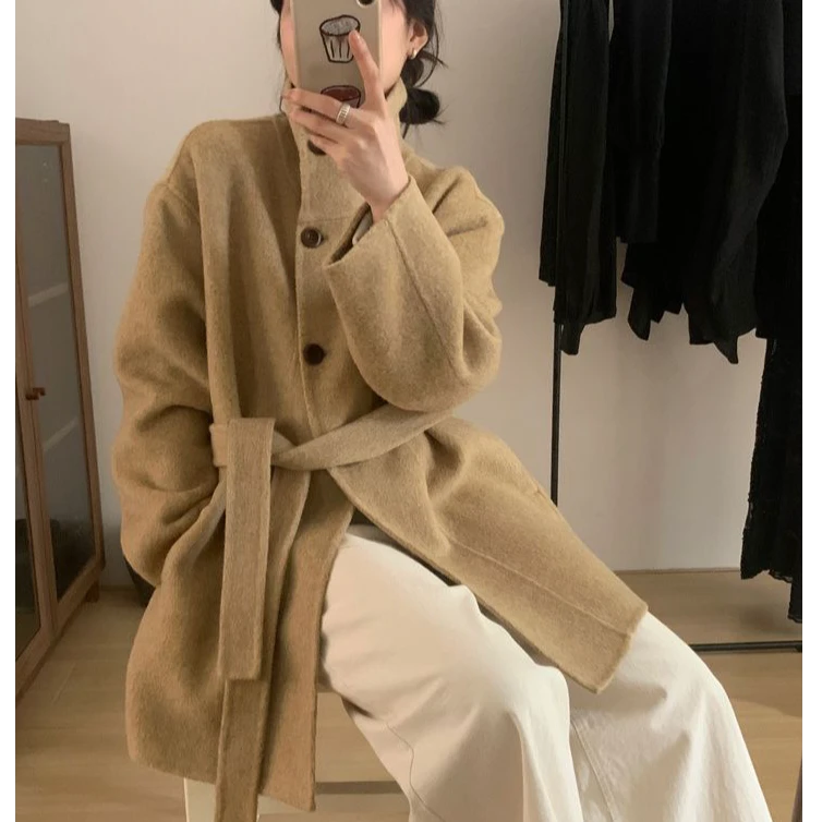 复古立领双面羊绒大衣女小个子中长款2025韩版宽松加厚羊毛呢外套