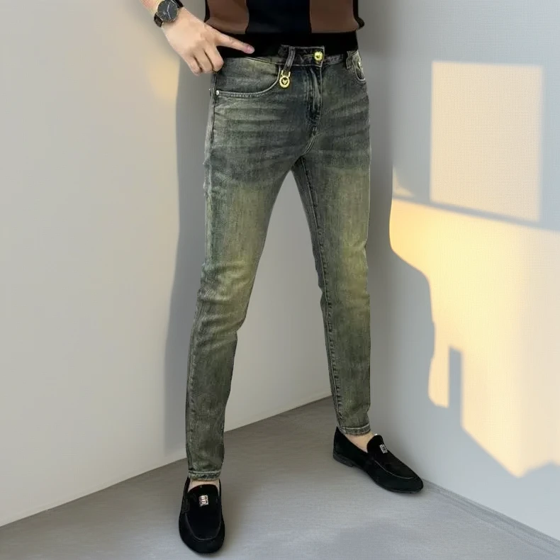 春夏季欧洲站牛仔裤男士潮牌简约复古小脚裤青年帅气修身九分裤子