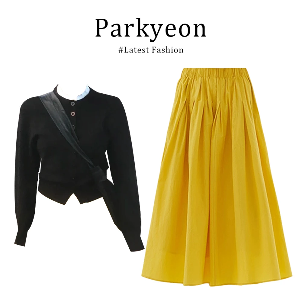 氛围感立领针织开衫上衣明黄色高腰显瘦半身裙秋季套装