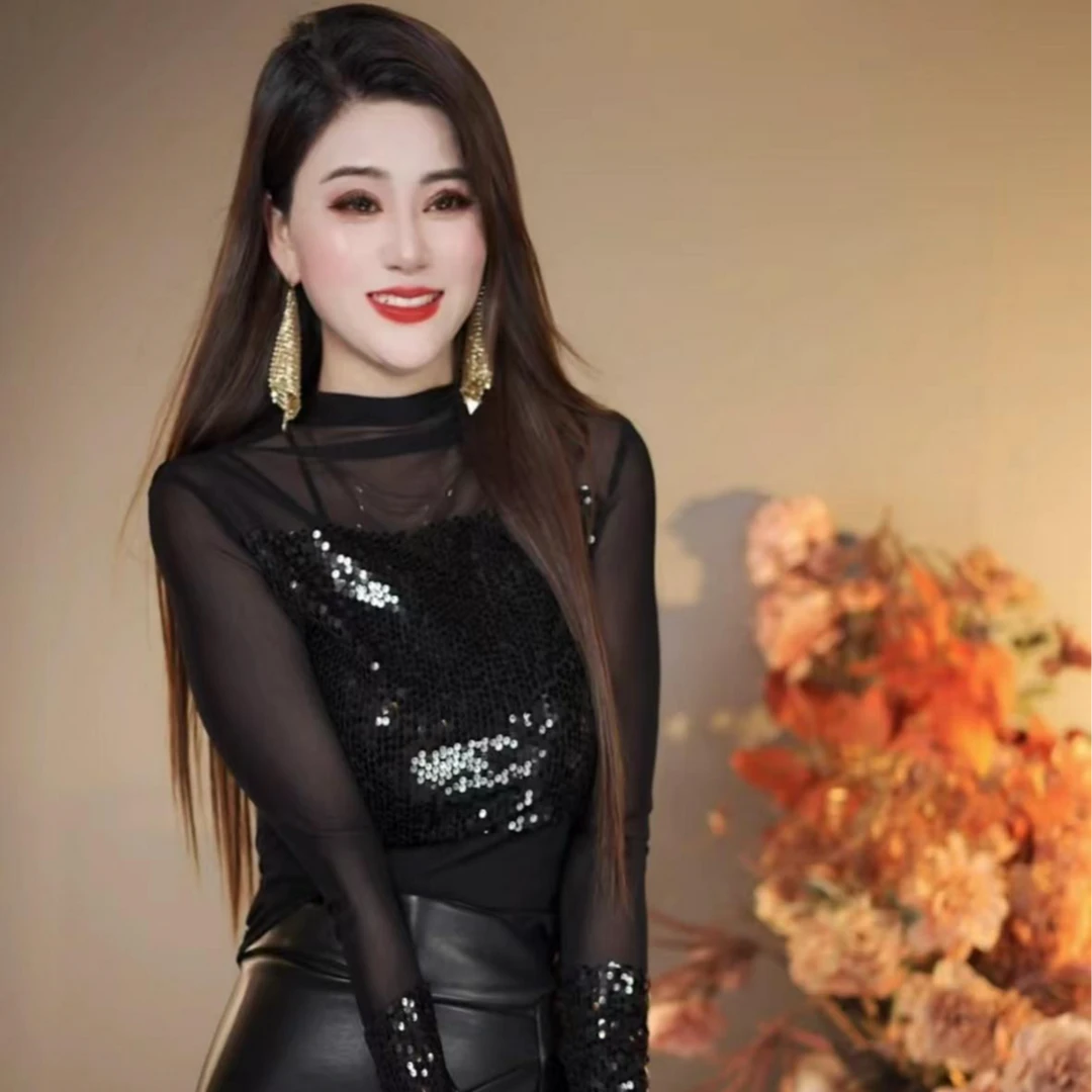 姐5959秋季新款网纱亮片拼接时尚长袖修身气质欧货设计感打底衫女