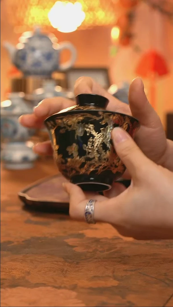 黑金釉金玉兰花盖碗套组