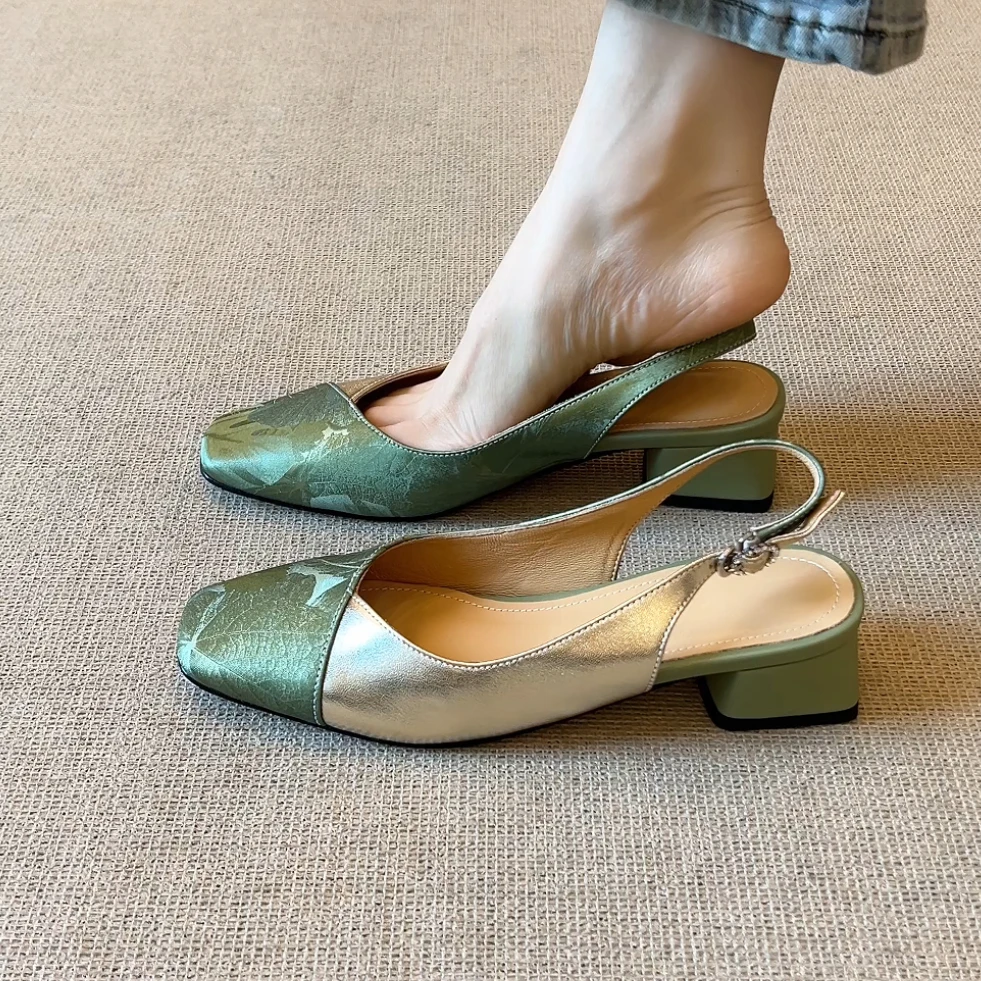 RubyL/4cm夏季新中式复古国风时尚舒适百搭粗跟拼色包头凉鞋女款