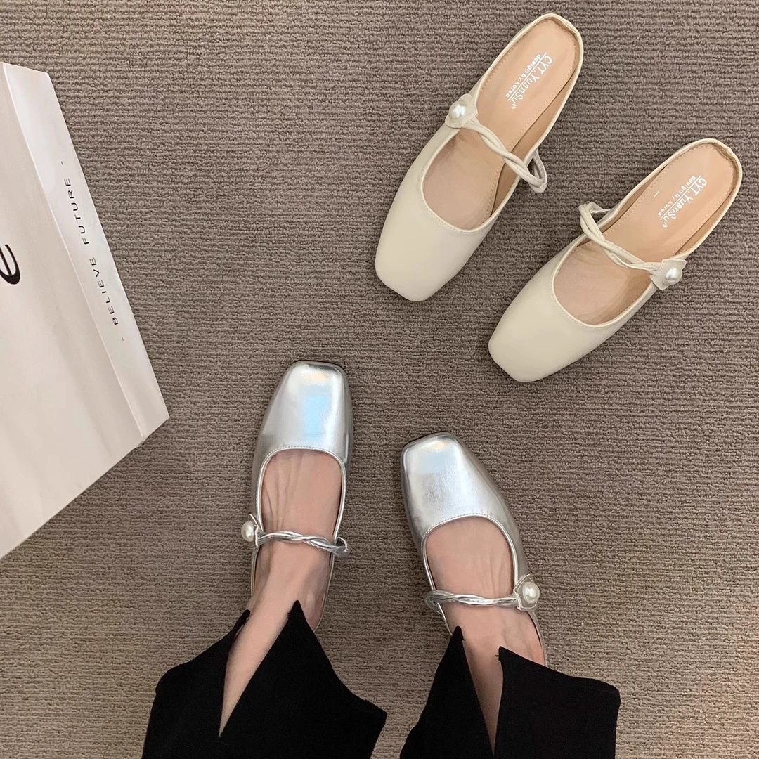平底银色包头半拖女夏外穿2025新款一脚蹬孕妇法式玛丽珍单鞋