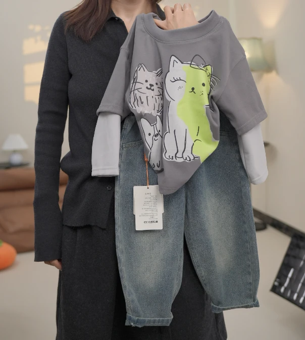 【加厚】新款打底男女童韩版百搭卡通假两件T恤上衣时尚长袖W76