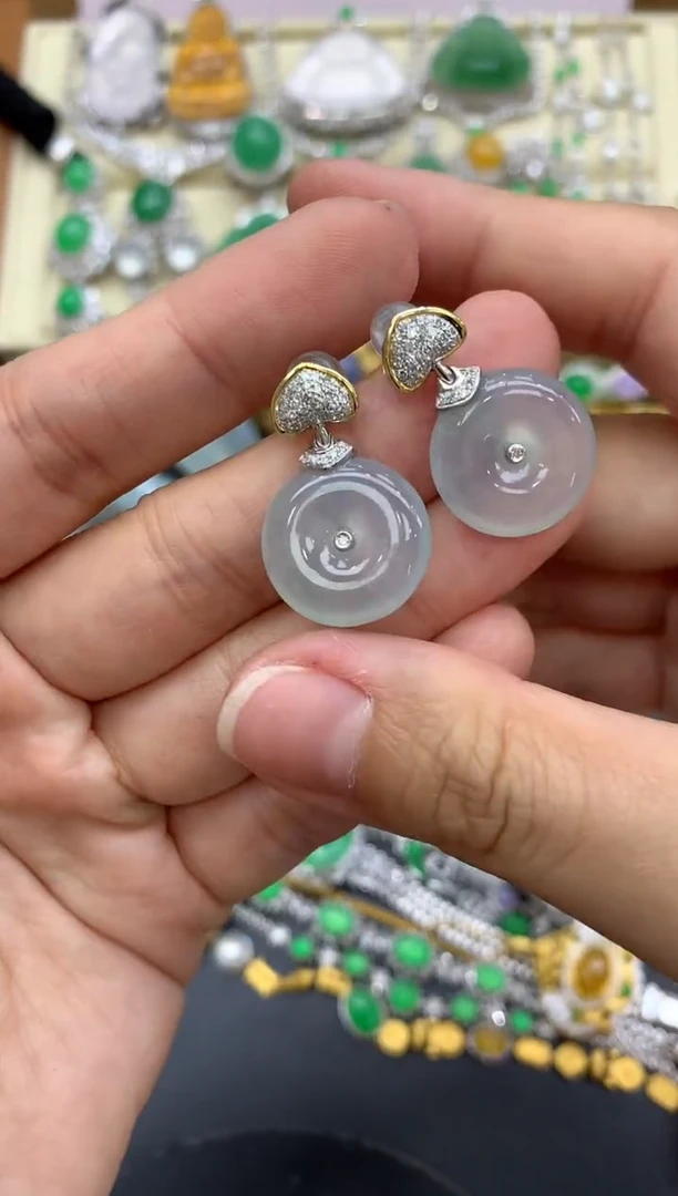 翡翠18K金镶嵌耳饰438-中国好珍宝