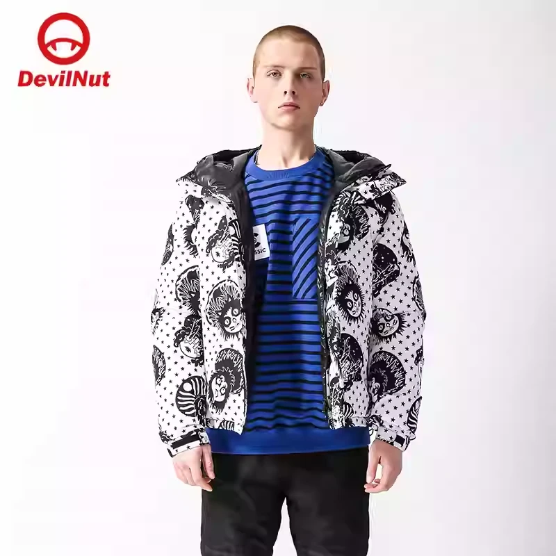 DEVILNUT潮牌恶魔无性别保暖撞色印花羽绒服连帽外套加厚男款冬季