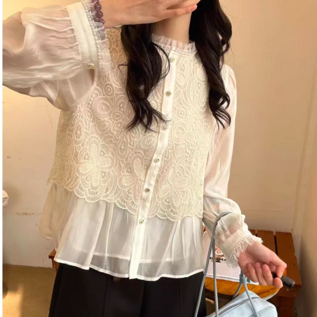白月光法式淑女蕾丝边衬衫长袖上衣2025春季新款去气质复古衬衣
