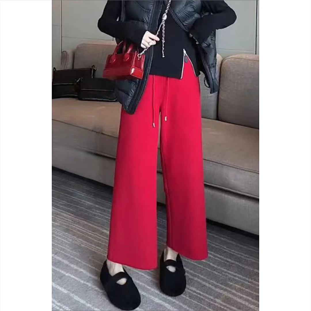 艾塔莉秋季纯色秋冬休闲裤长裤宽松垂坠感阔腿裤红色小众洋气减龄