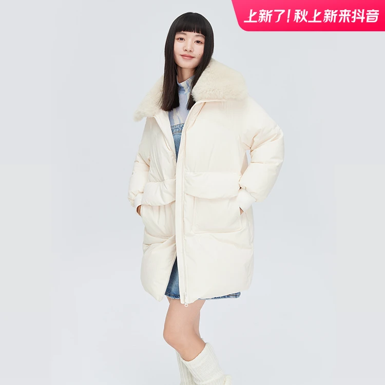 d-艾莱依冬季毛领中长款女户外时尚休闲防风保暖外套1163