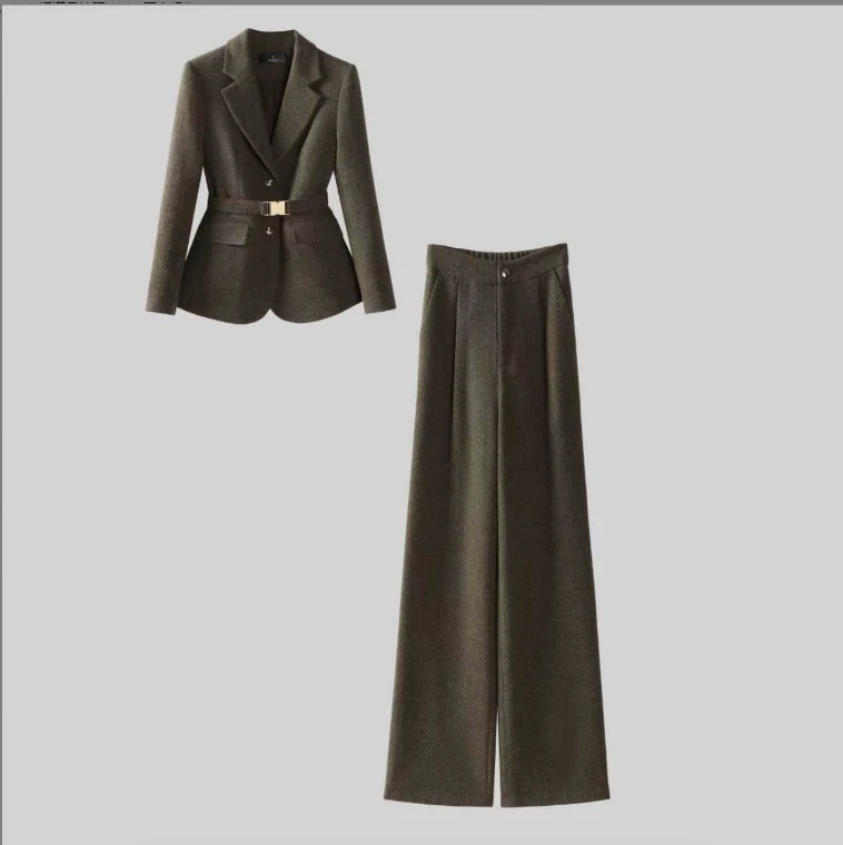 6638秋冬新款斜纹重工时尚显瘦西装套装设计感西服阔腿裤套装