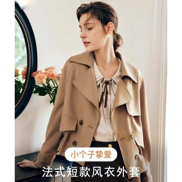0509法式短款风衣外套女翻驳领春春2025新款小个子抽绳气质薄款