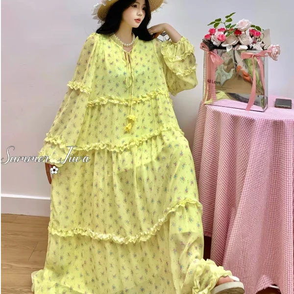 【花期归来】夏季时尚新款碎花东大门宽松大版女装长款连衣裙