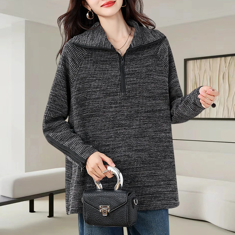 2025秋冬新款女大码高领半拉链卫衣慵懒风宽松显瘦减龄独特上衣