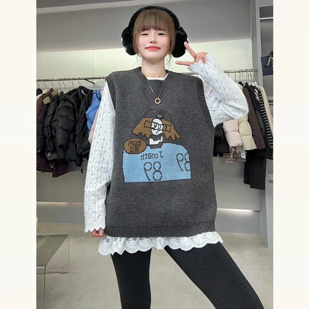 【YL严选】2025冬季韩版宽松显瘦休闲风圆领套头针织毛衣无袖坎肩女