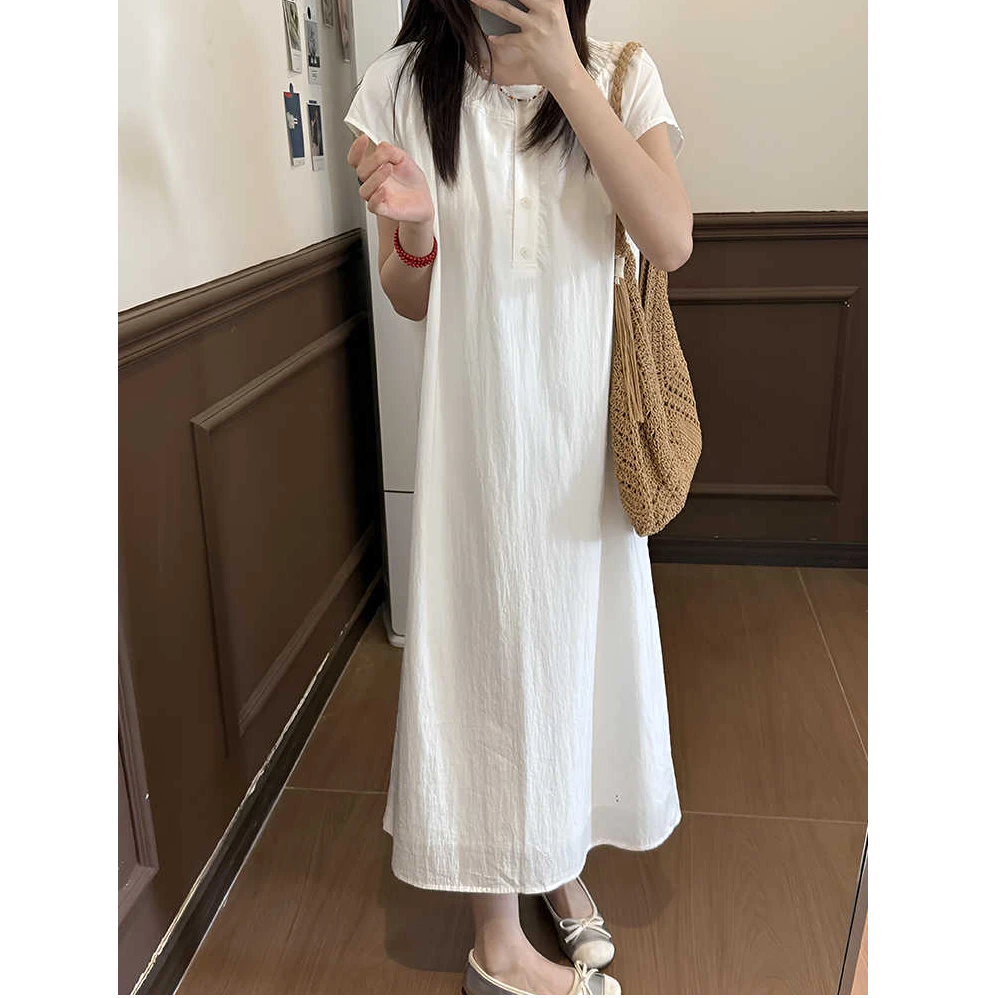 法式气质圆领短袖白色连衣裙女2025新款夏季小个子宽松显瘦长裙子