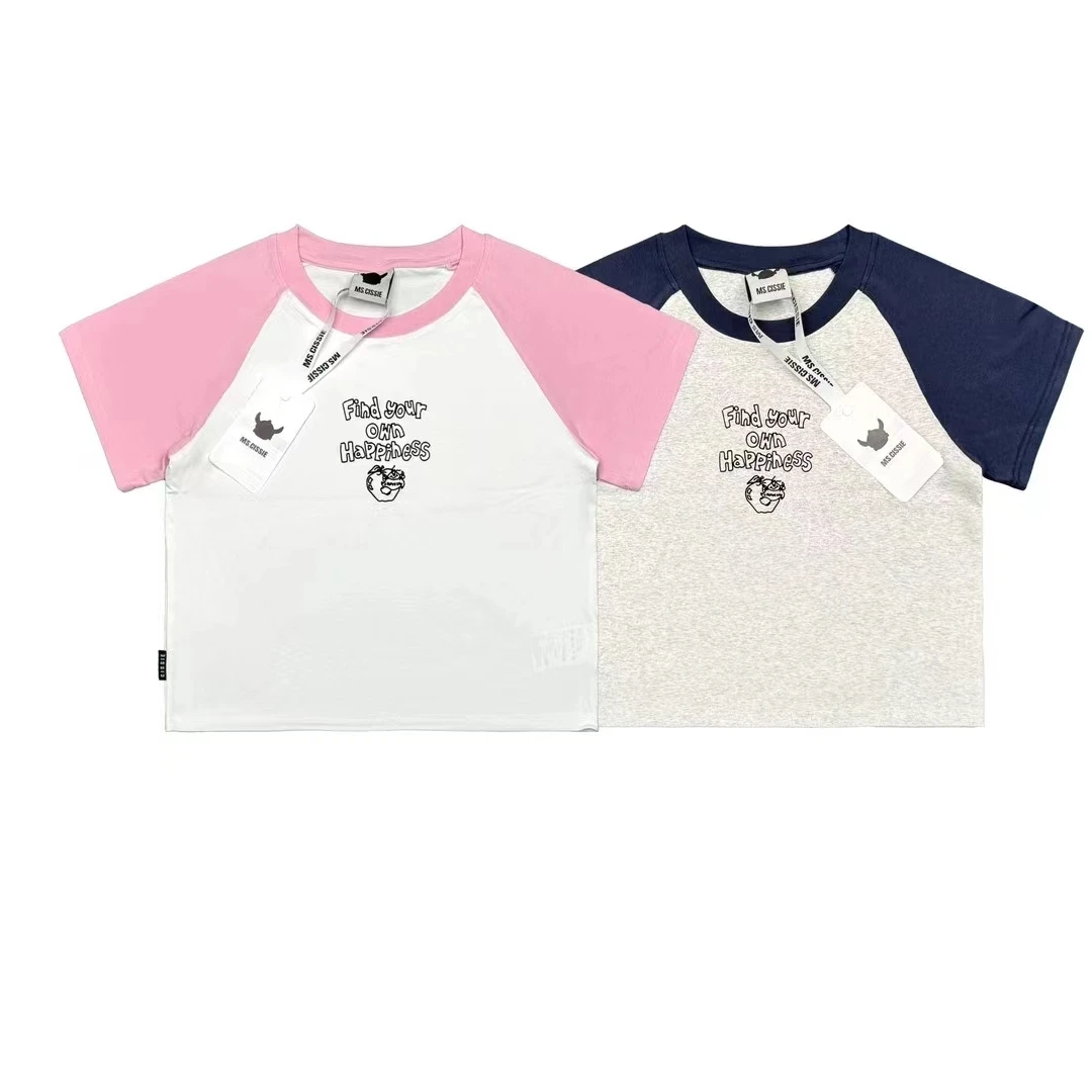 纸袋家牛牛系列夏季「植绒印花字母插肩袖弹力短袖」P0368休闲T恤