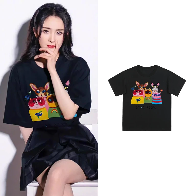 【T恤】杨幂明星同款卡通猫咪纯棉黑色短袖T恤女宽松减龄显白Z6040