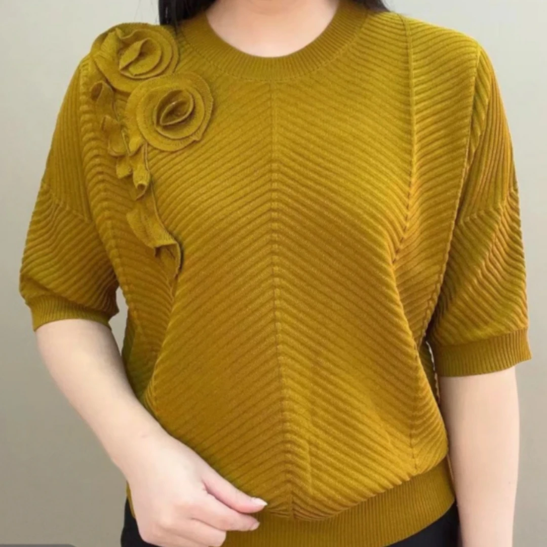 百搭扎花拼接针织衫气质减龄中老年妈妈装2025新款大码女装打底衫