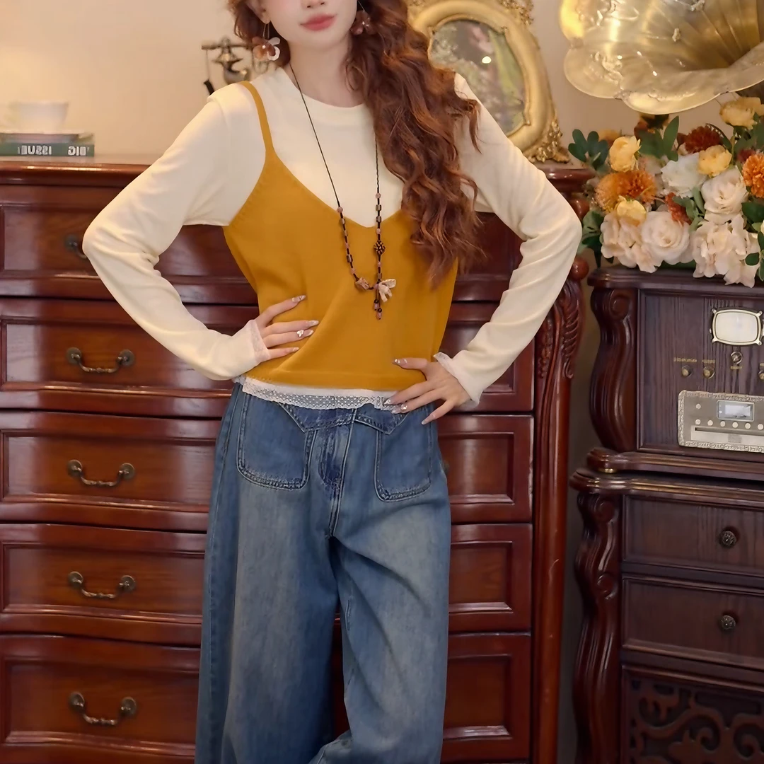 【水溶C】2025秋季新款复古港风毛织背心+T恤两件套上衣LK2506016