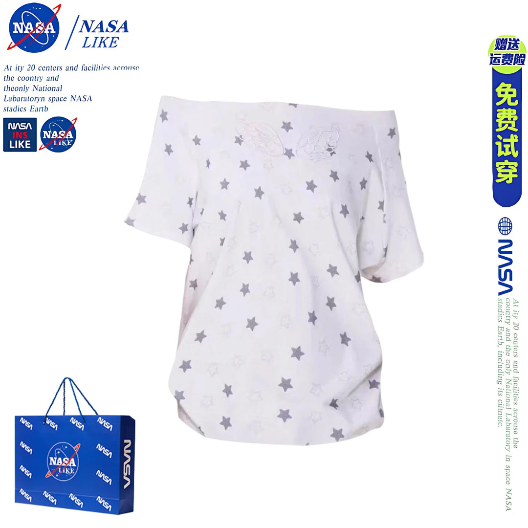 NASA美式辣妹星星满印刺绣斜肩短袖t恤女夏一字肩设计感宽松上衣