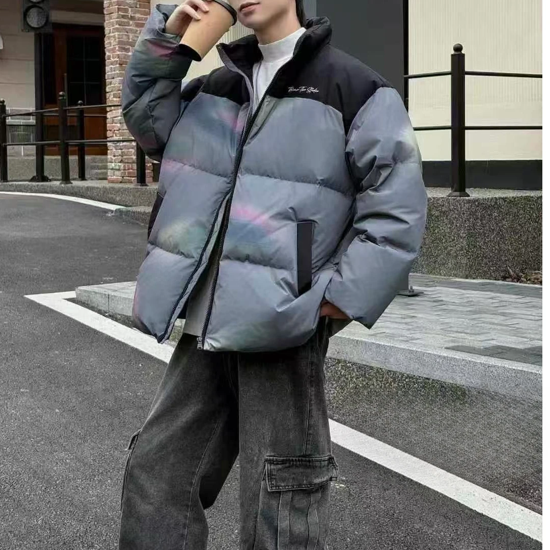 昊妈冬季嘻哈极光幻彩拼接羽绒服18093