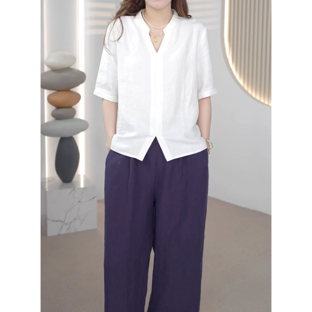 [高定100汉麻]汉琴白色新款汉麻时尚百搭气质套头衫衬衣衬衫上衣