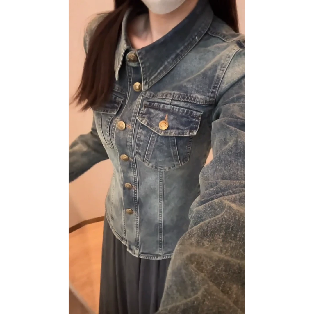 INS CEC百搭休闲牛仔衬衫外套女春美式蓝色POLO领气质修身上衣