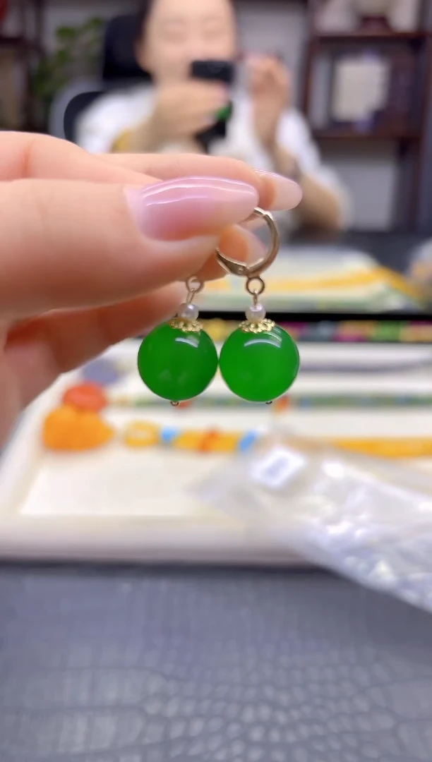 14K金镶嵌翡翠耳饰DIY款E973