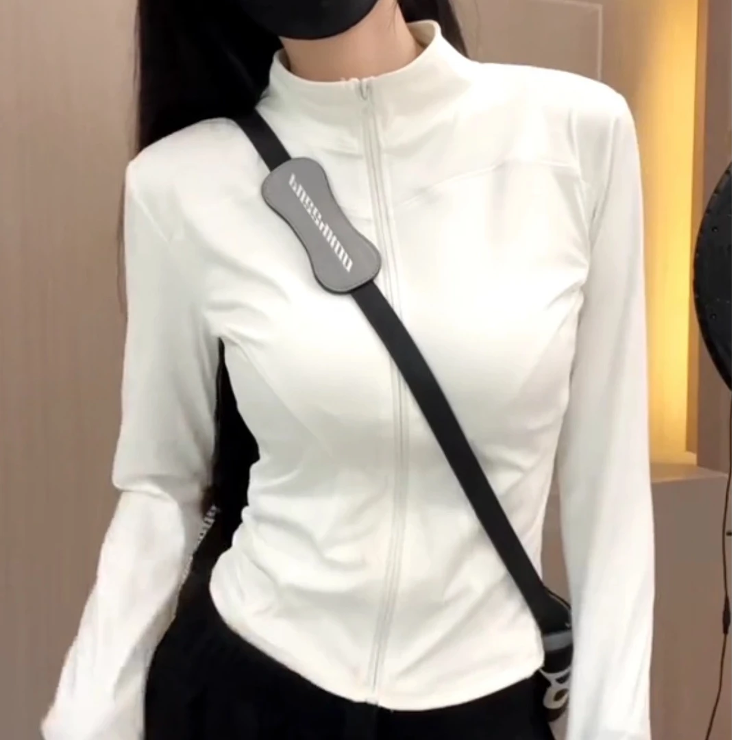 立领拉链防晒瑜伽外套女修身显瘦长袖开衫运动上衣健身服现货