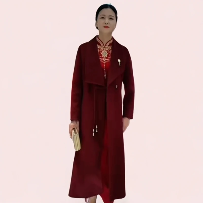 秋冬新款双面女长款高贵轻奢气质妈妈大衣外套中长款时尚冬季红色
