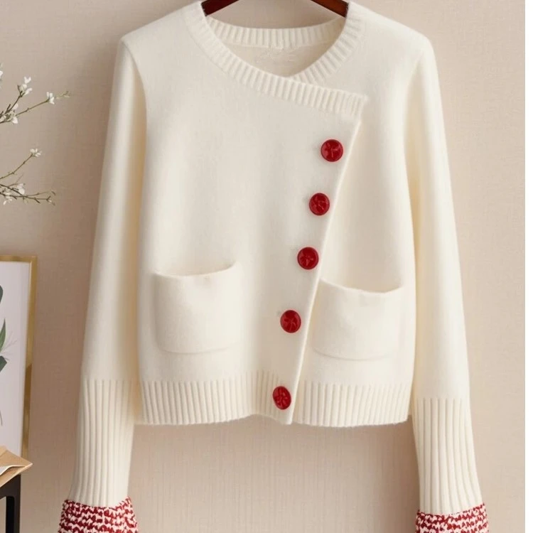 白色毛衣女2025春秋新款高级感气质针织开衫韩系穿搭圆领上衣外套