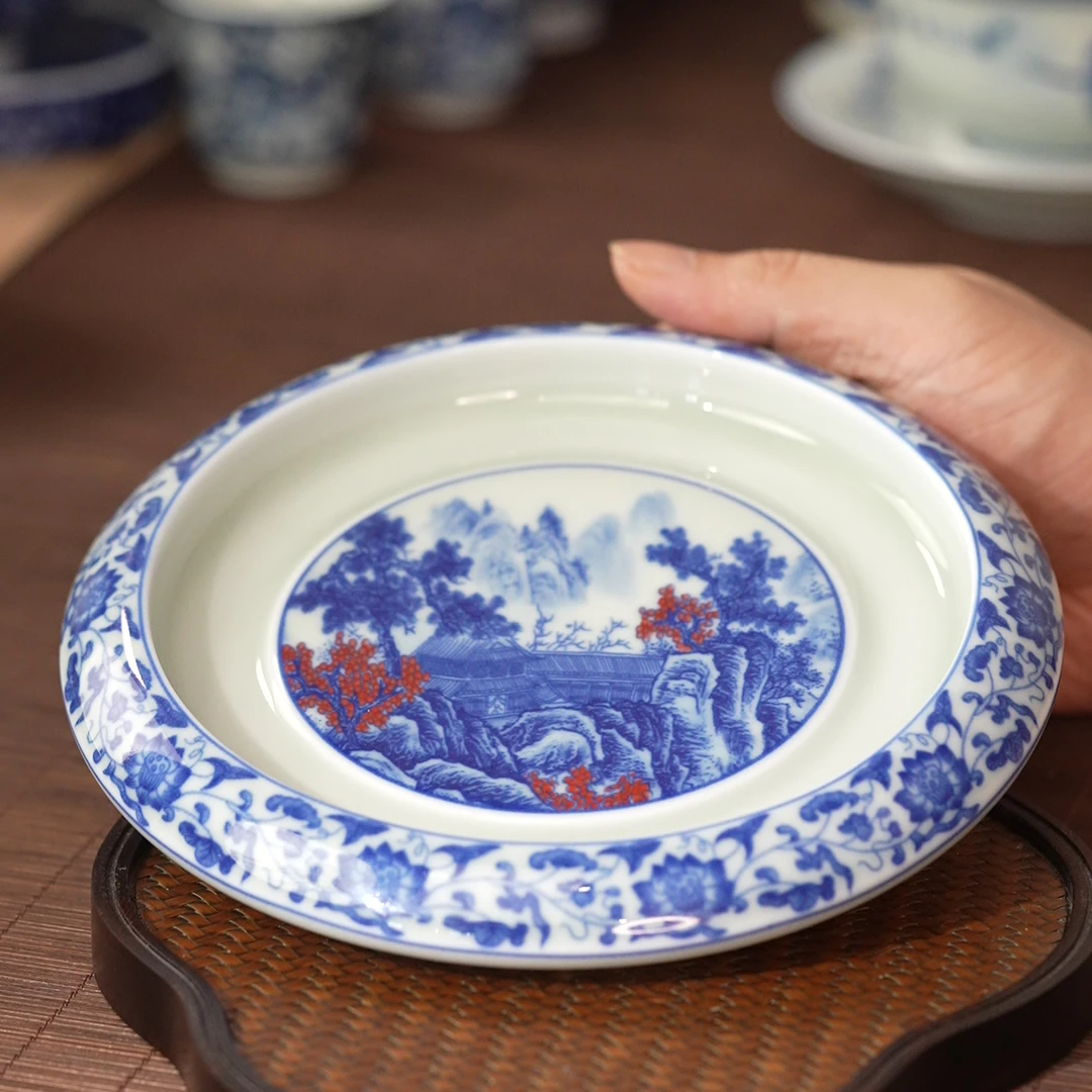 青花釉里红山水壶承（Q0209）陶瓷茶道