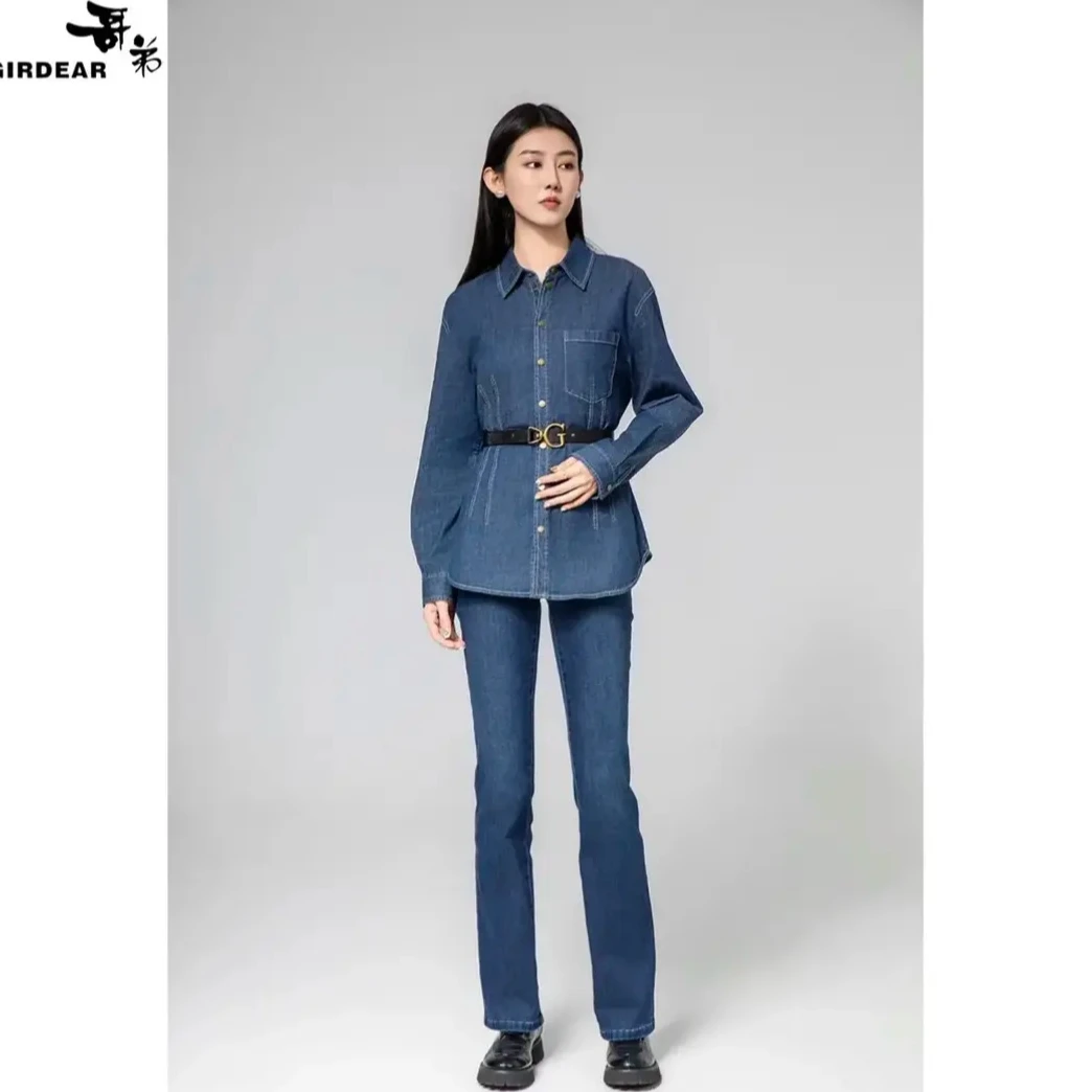 GIRDEAR/哥弟港风百搭收腰复古丹宁风单排扣长袖牛仔衬衫1300835