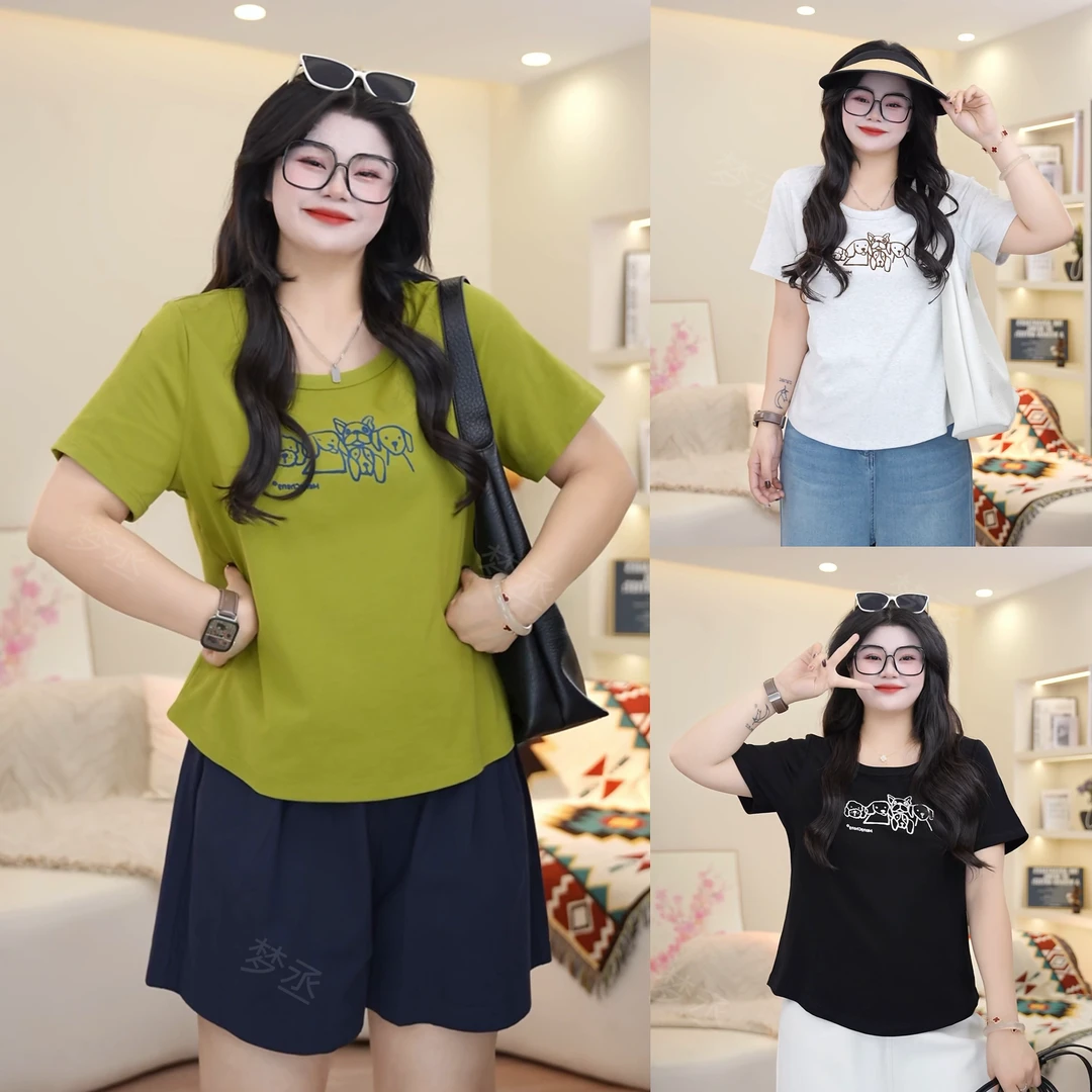 梦丞【素描犬语】大码女装夏季圆领正肩小狗印花简约时尚短袖T恤