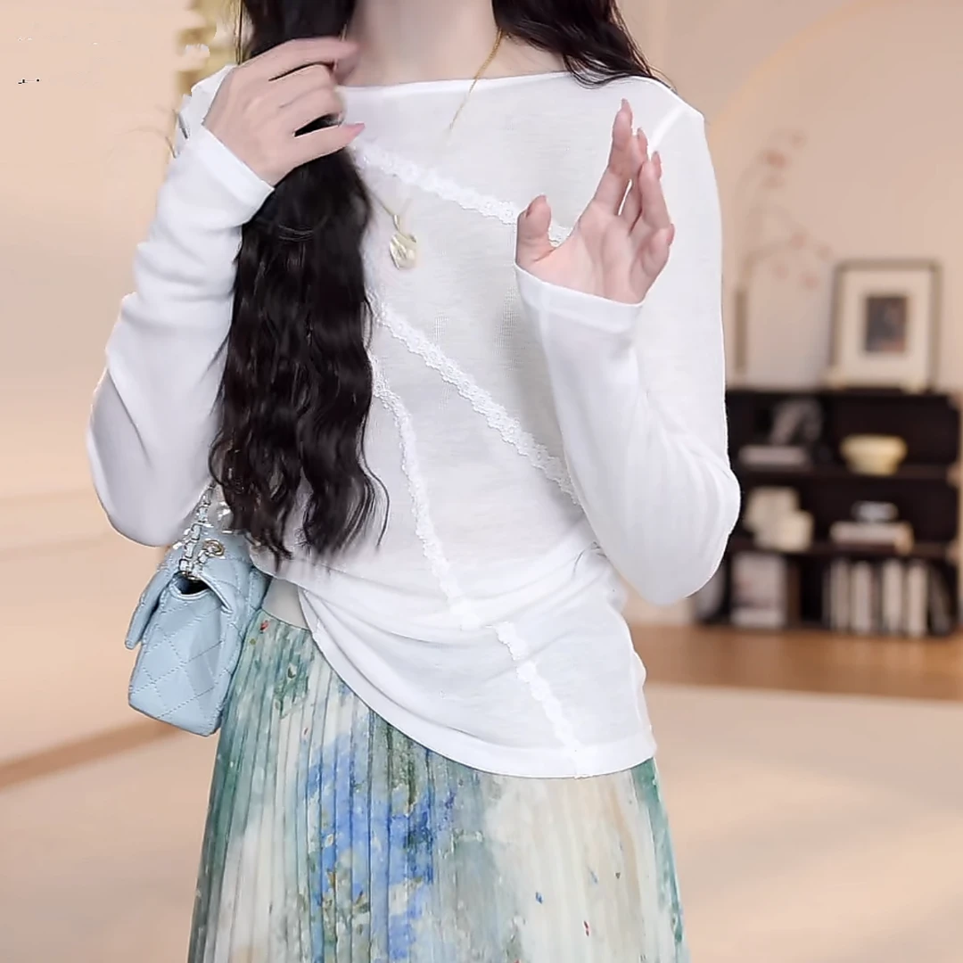 设计感纯色蕾丝花边长袖T恤女2025夏季新款轻奢时尚薄款显瘦上衣